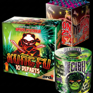 alt="Pack d'artifices Fête du Bruit incluant les compacts Décibel, Typhon 25 et Kung-Fu - Artifice en Fête"
