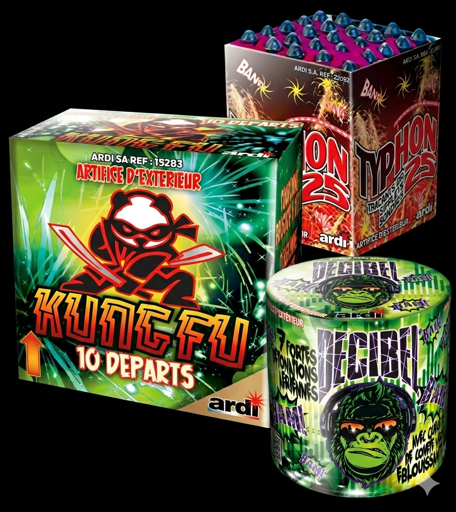 alt="Pack d'artifices Fête du Bruit incluant les compacts Décibel, Typhon 25 et Kung-Fu - Artifice en Fête"