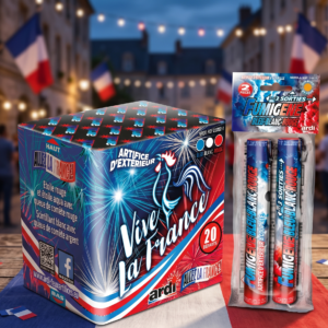alt="Pack d'artifices tricolore avec compact Vive la France et fumigène bleu blanc rouge - Artifice en Fête"